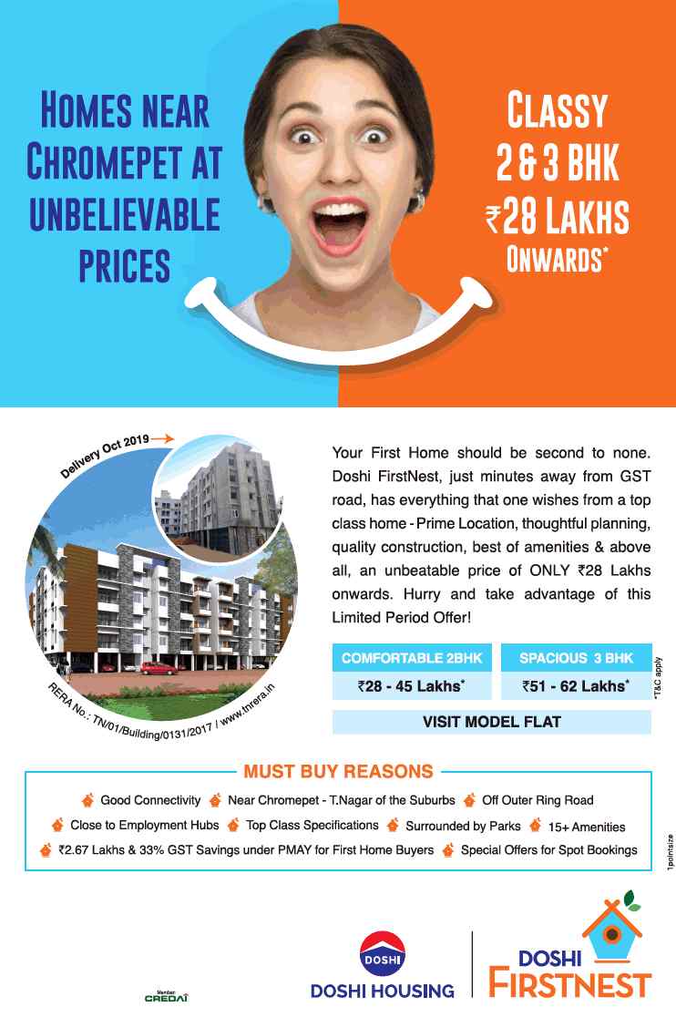 Book classy 2 & 3 BHK homes @ Rs 28 Lacs at Doshi FirstNest in Chennai